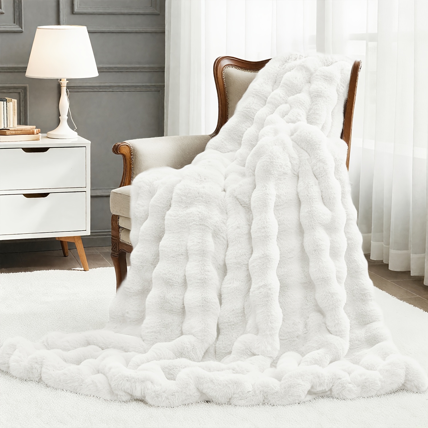 TEMU Luxury Faux Rabbit Fur Throw Blanket, Ultra Soft Fluffy Bubble Plush Blankets, Warm Cozy Winter Blanket, Reversible Mink Blanket Room Bedroom-