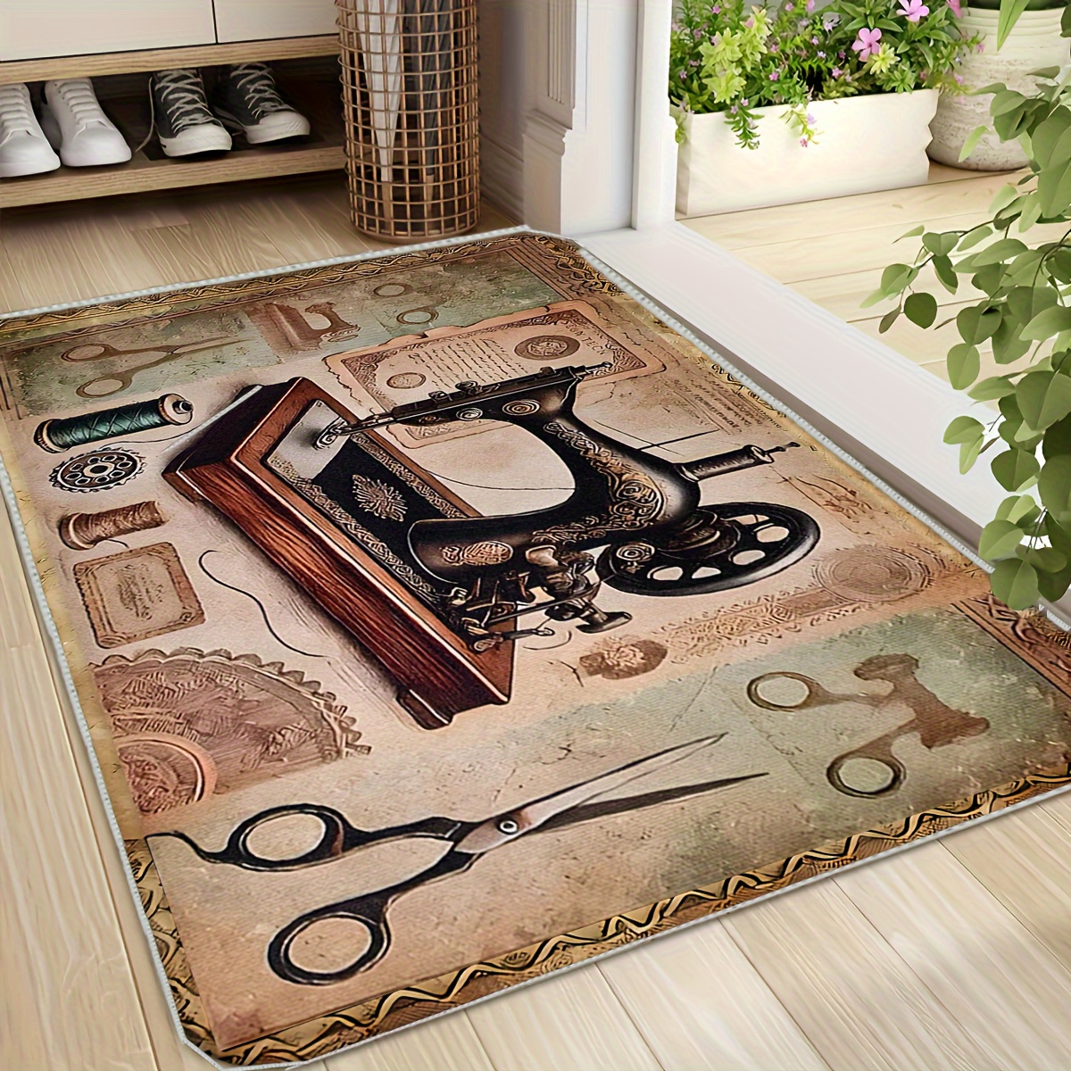 Image of Vintage Sewing Machine And Scissors Doormat - Soft, Non-slip, Machine Washable And Easy To Floor Mat For Living Room, Bedroom, Kitchen, Bathroom, Laundry, Office, Doorways And