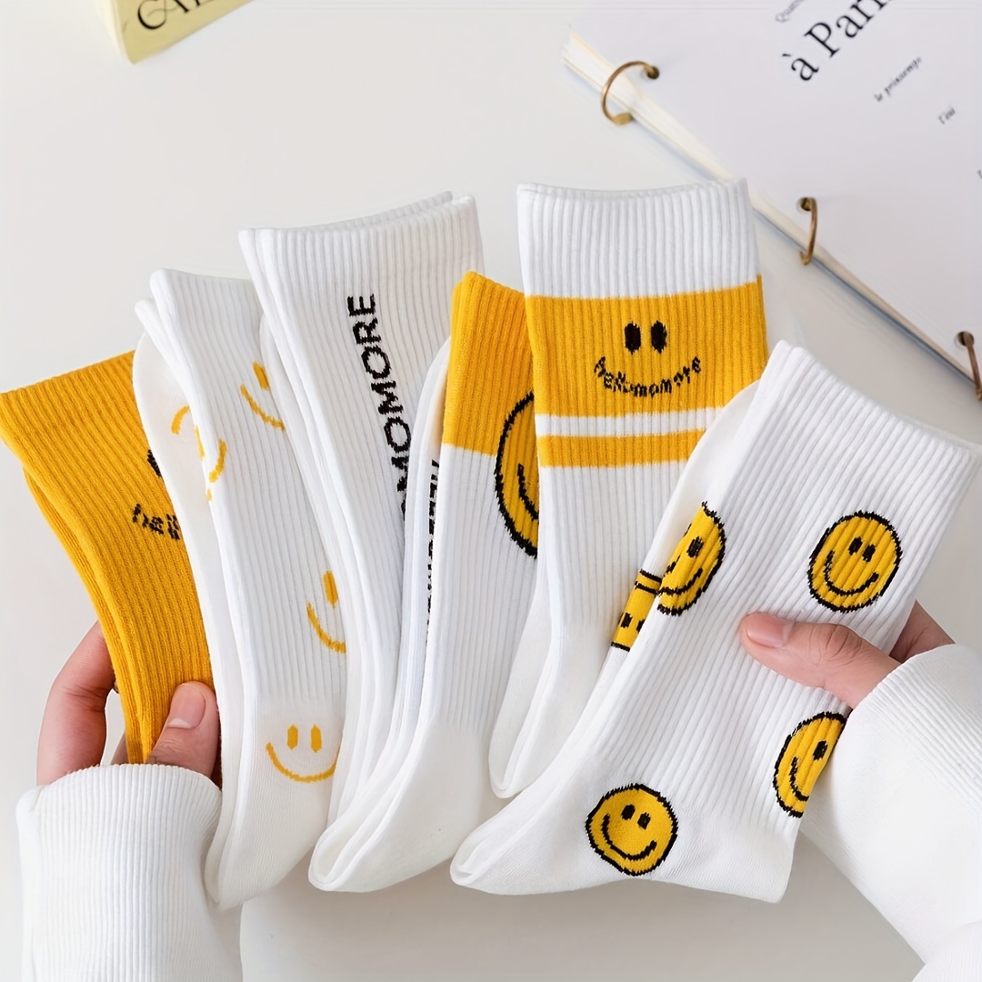 

6pcs Women's Face Mid-calf Socks - Breathable Polyester , Machine Washable, Fashion Cartoon Design, For Autumn, Spring