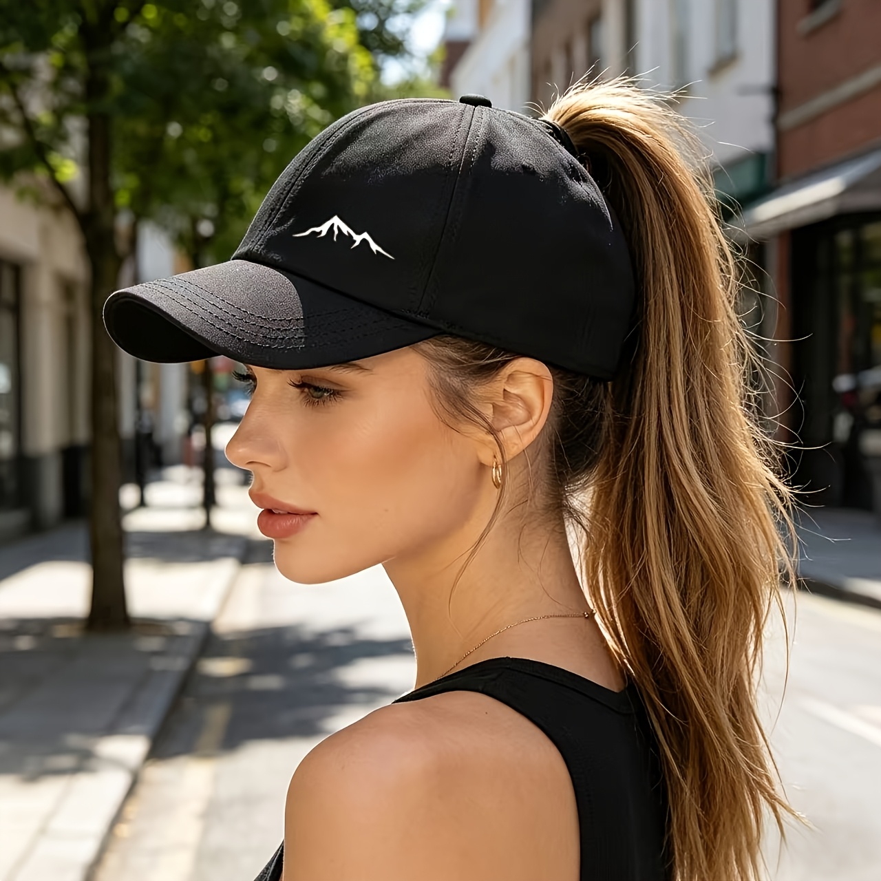 TEMU 1pc Unisex Ponytail Baseball , Semi-open Top Breathable Style For High Ponytails, Exquisite Mountain-themed Decoration, Gift For Girlfriend Or