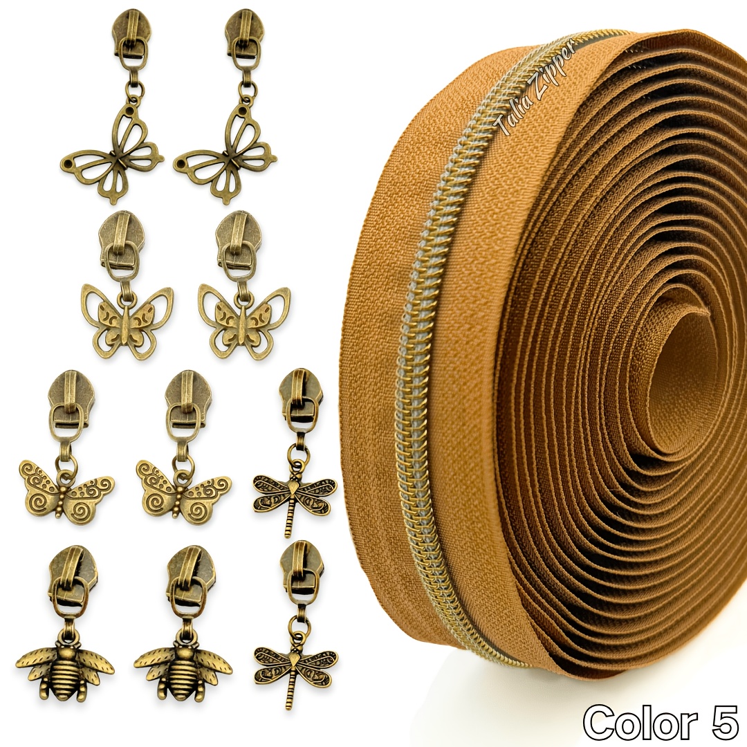 TEMU 5yards Zipper Nylon Bronze Tooth Zipper With 10pcs Insects Zipper Pull, , Dragonfly Suitable For Bag, Pocket, Clothing, Wallet Making, Sew-on