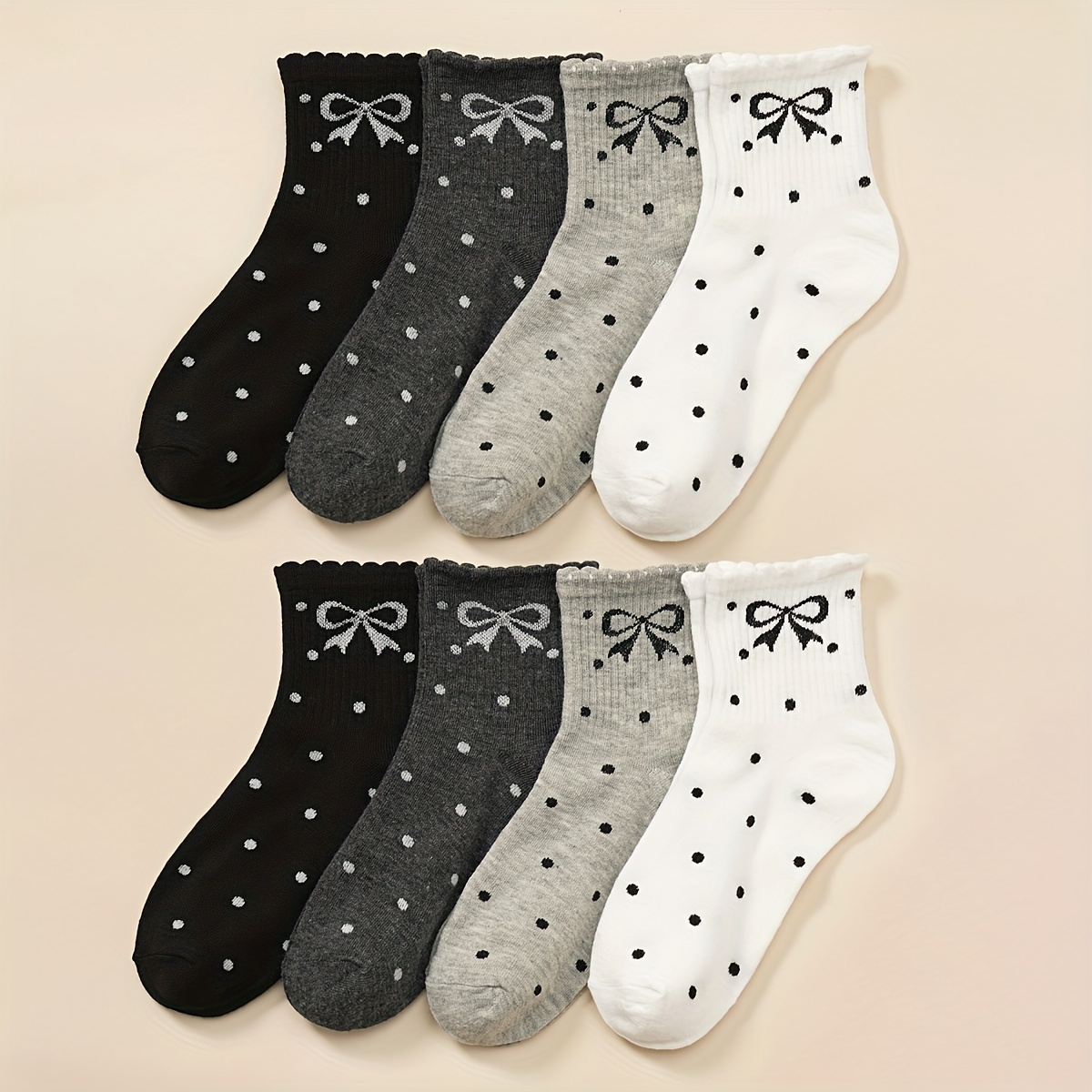 

4-8 Pairs Of Black And Lace Bow Socks, Soft And Comfortable