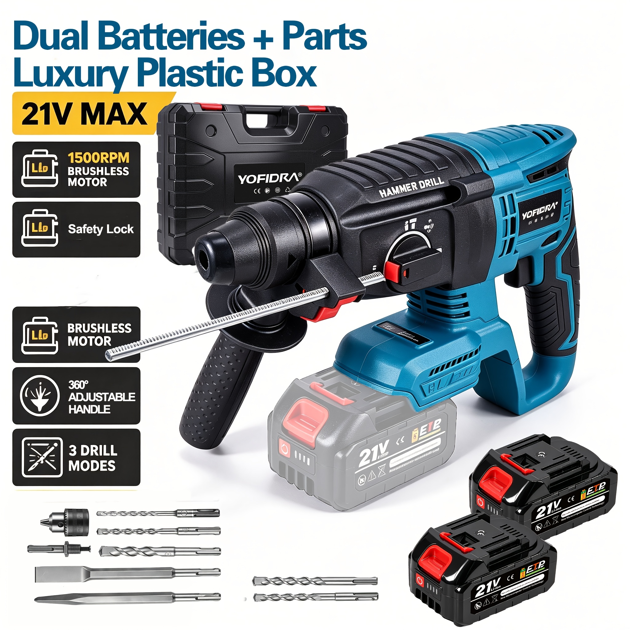 Image of Cordless Electric Hammer Drill, 26mm Heavy-duty Metal , 4 Working , Drilling For Home Decoration Industrial Use On Concrete, Brick And Wood, 2 Colors ( Tool Or Dual Battery Kit Optional)