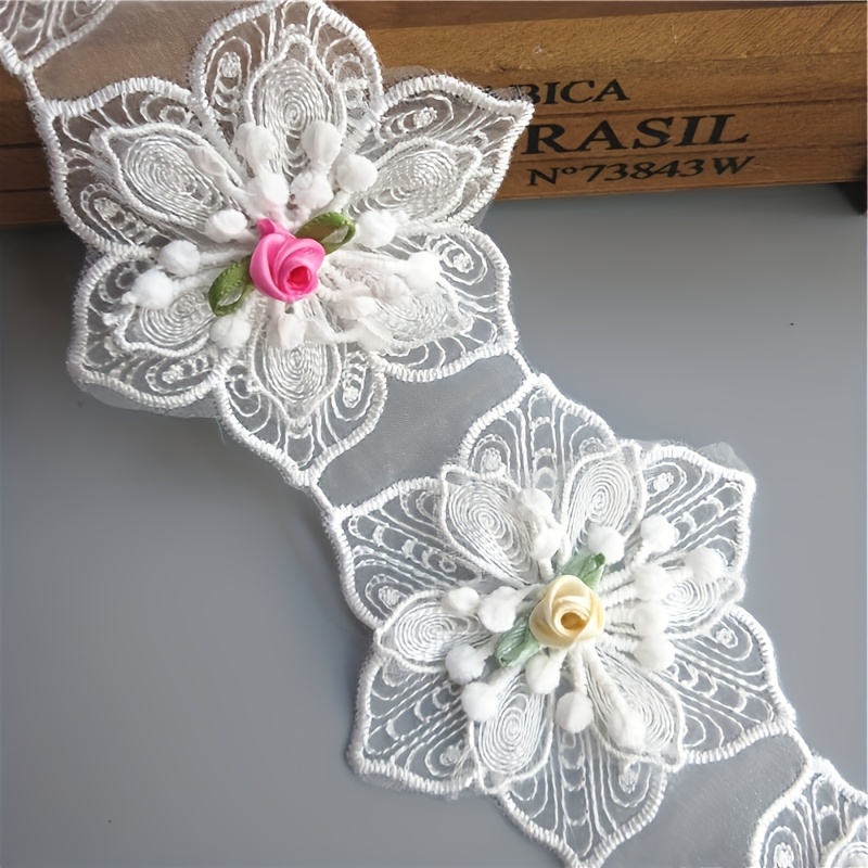 

10pcs White Hexagonal Flower Embroidered Lace Ribbon, Polyester & Sewing & Craft Ribbons, 3.15-inch Width, With Color Floral Accents For Diy Projects And Decorations