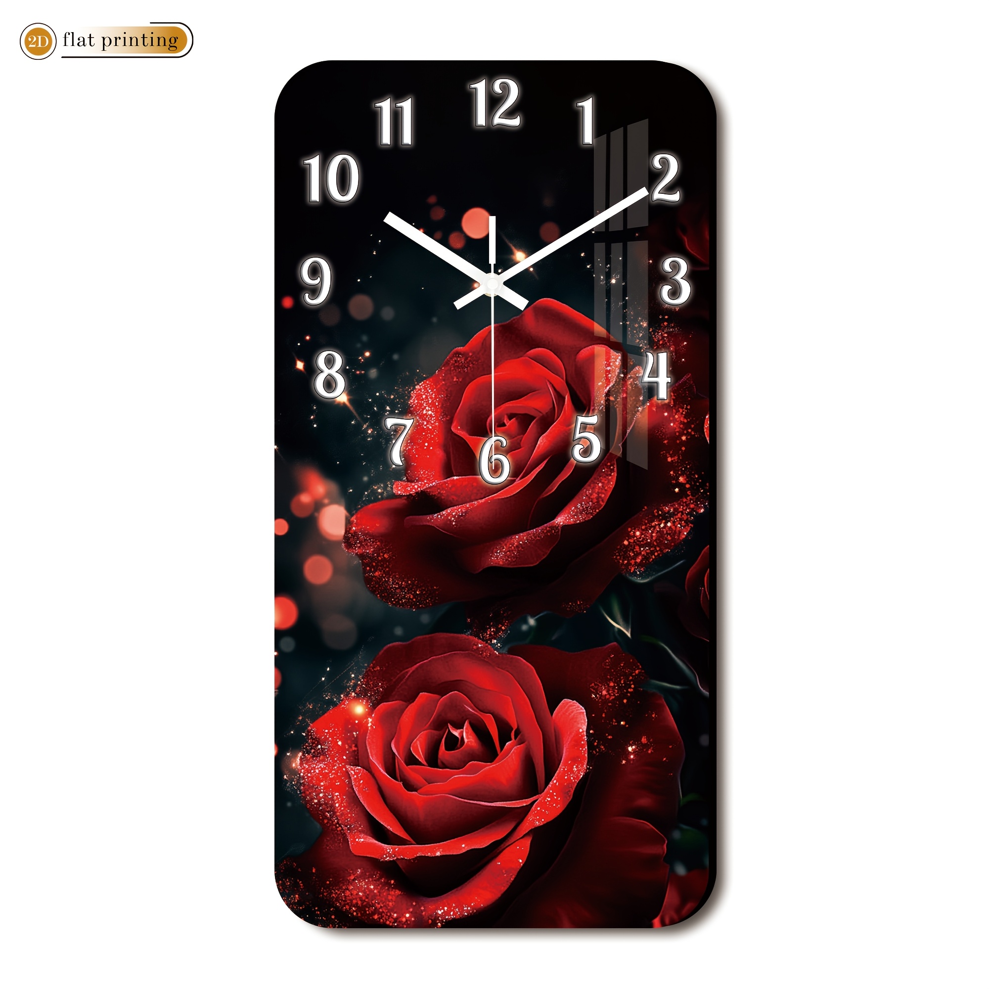 TEMU 1pc Floral Wall Clock With Roses, Wooden Rectangular Silent Wall Clock For Home Use- 2d Flat Printing, Suitable For Living Room, Bedroom, Home