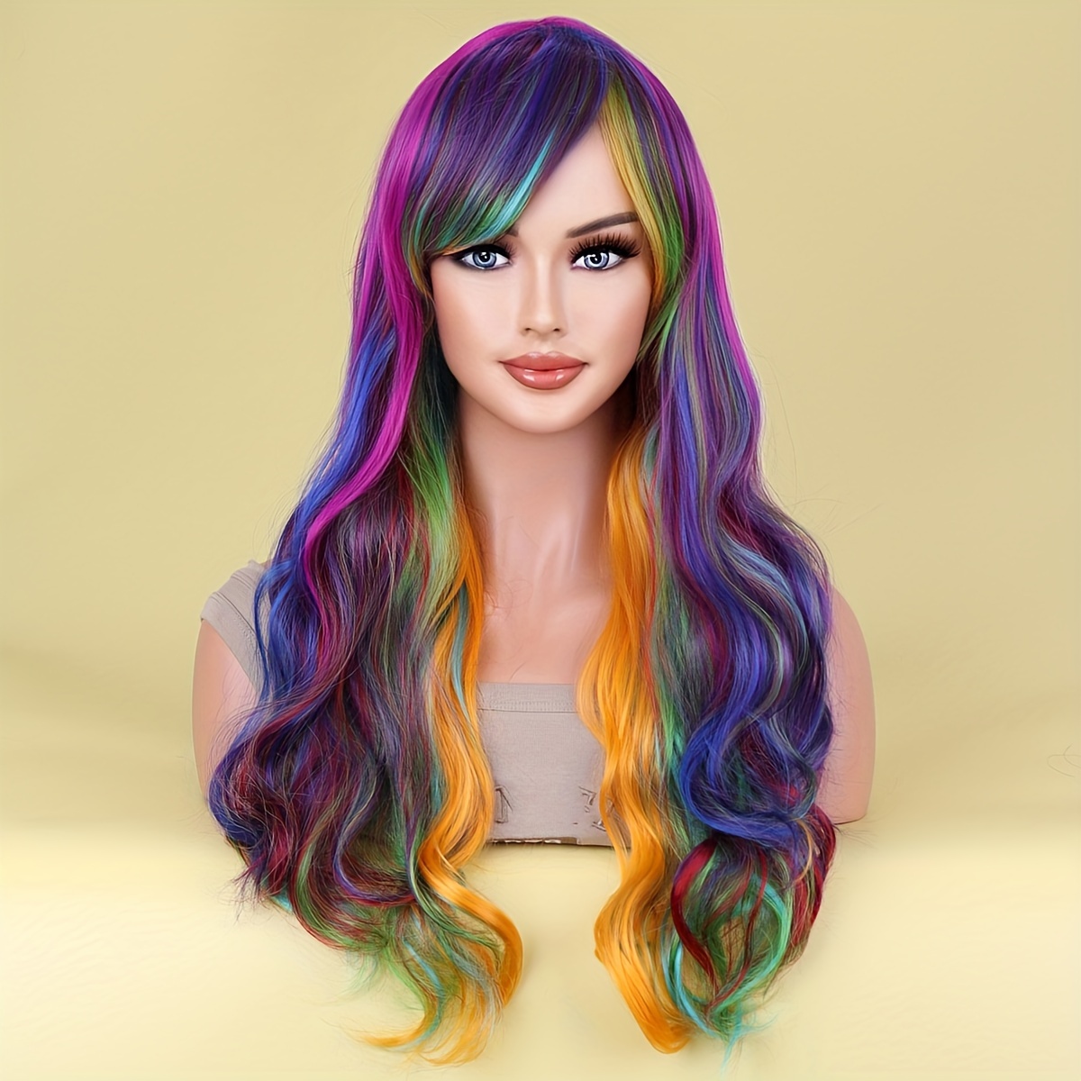 TEMU Colorful Cosplay Wig With Big Waves, 28 Inch Long Wavy Wigs Perfect For Lady Dressing Up With Long Curly Hair For Anime Characters For Music Festival