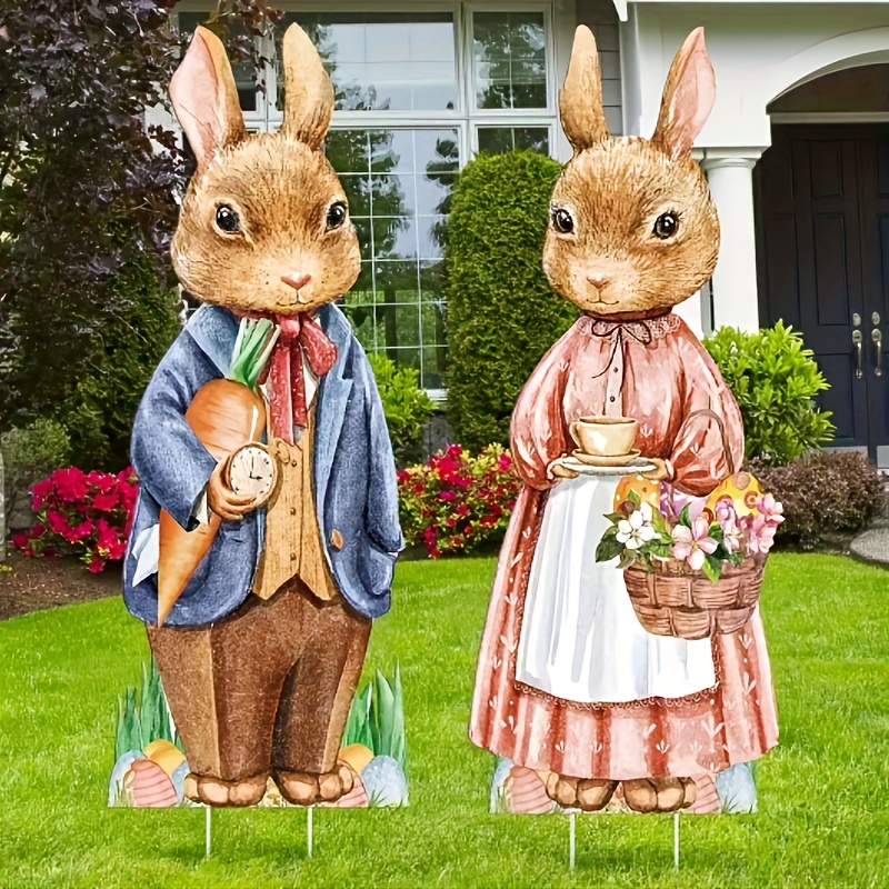 

2pcs Rabbit And Flower Signs With Wooden Stakes, Garden Lawn Easter Decorations, Outdoor Yard Sign Decoration, Party Decoration Rabbit Yard Wooden Stakes, Easter Garden Party Supplies Props
