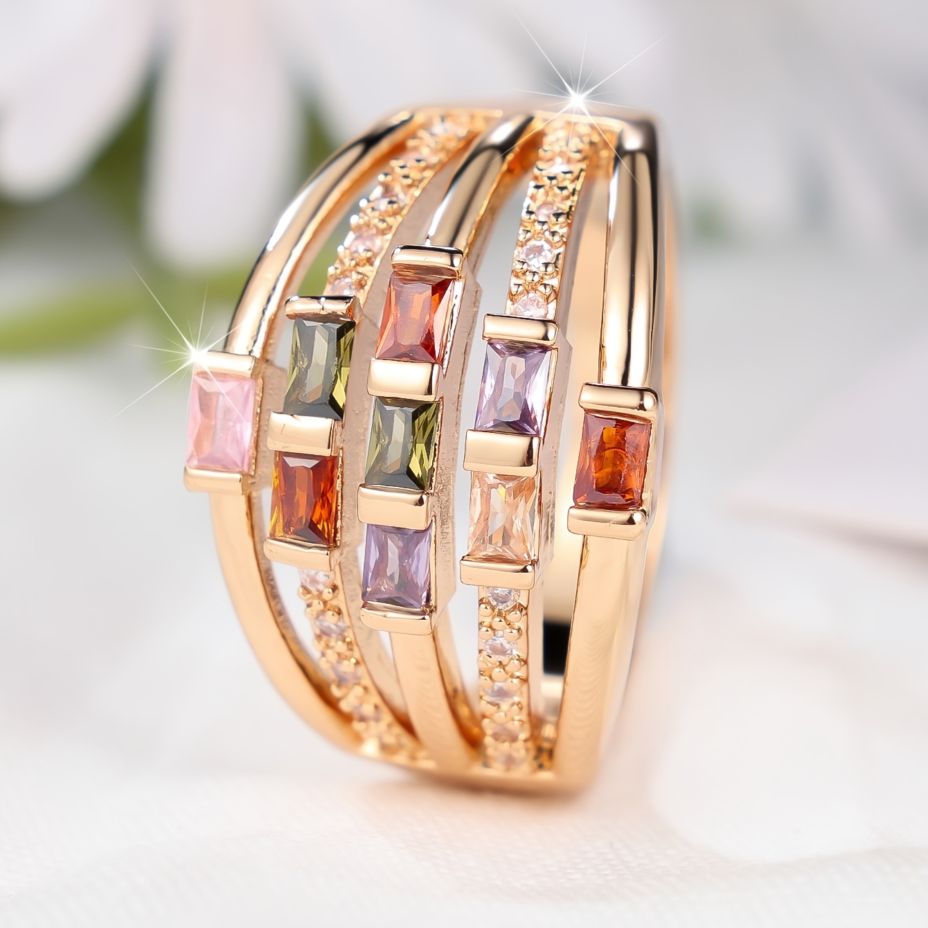 TEMU Colored Cubic Synthetic Synthetic Zircon Ring Multi-loop Hollow Stackable Style Synthetic Synthetic Synthetic Zircon Decorative Ring Unisex