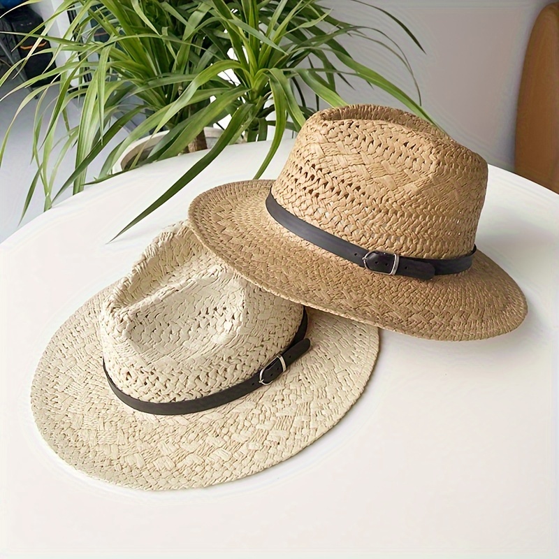 Coffee Fashionable Sun Protection Hat, Men's 1pc Summer Hollow Mesh Beach Breathable Cool Outdoor Straw Hat,Casual,Temu