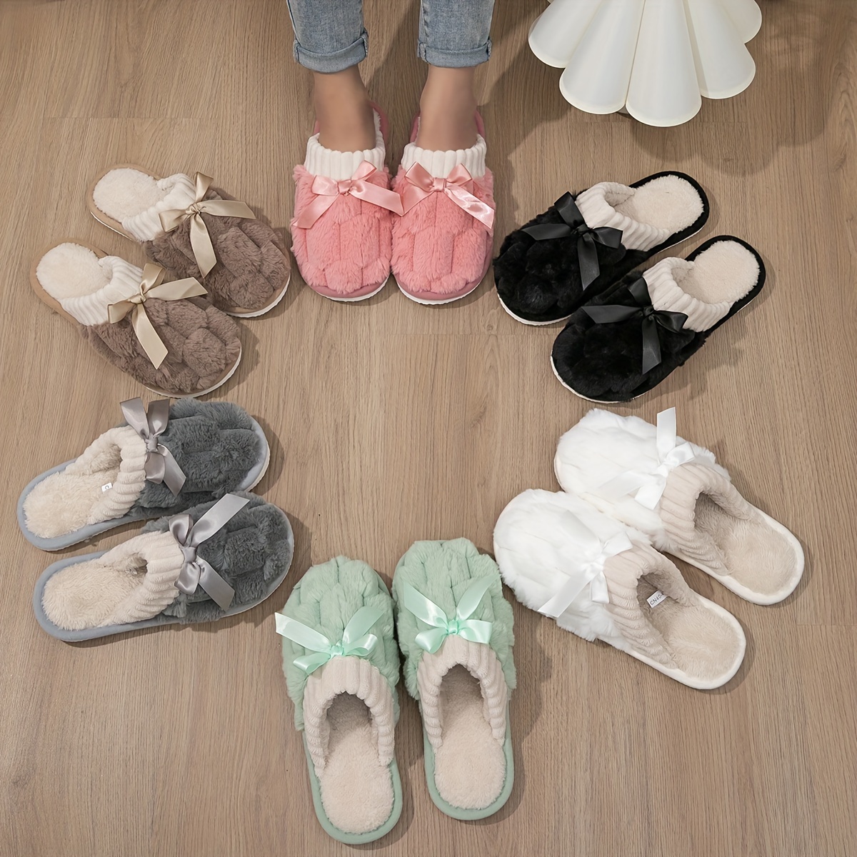 

Solid Color Home Warm Slippers, Slip On Soft Sole Fluffy Flat Bowknot Decor Shoes, Winter Plush Cozy Non-slip Shoes