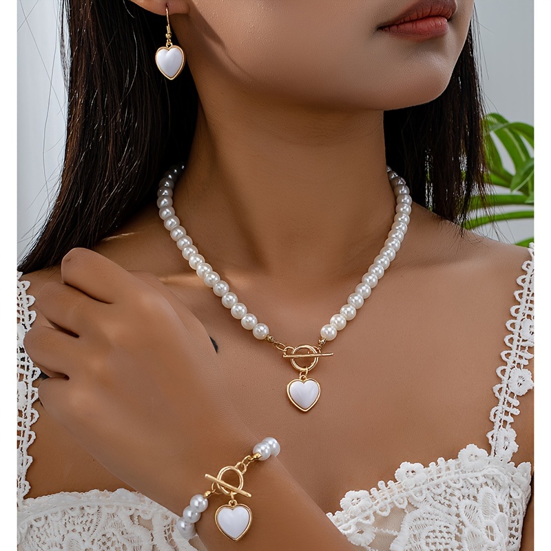 TEMU 4-teiliges Set modischer Temperament-Herz-Anhänger-Halskette-Armband-Ohrring-Stecker-Schmuck, geeignet für Damen, , Feiertage, Party, ,