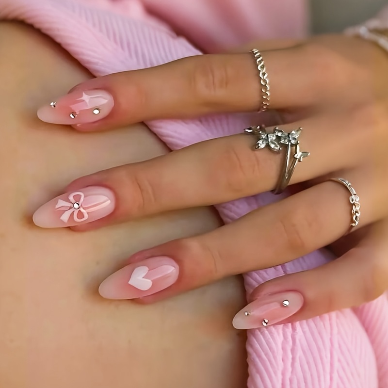 TEMU 24pcs Medium Almond Press On Nails Gradient Nail Tips Fake Nails Gradient Blush Pink With Heart And Bow 3d Water Drill Designs Valentine's Day