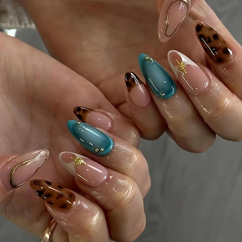 

30pcs Vintage Leopard Print Press-on Nails - Medium Shape, With Rhinestone Accents For Women & Girls