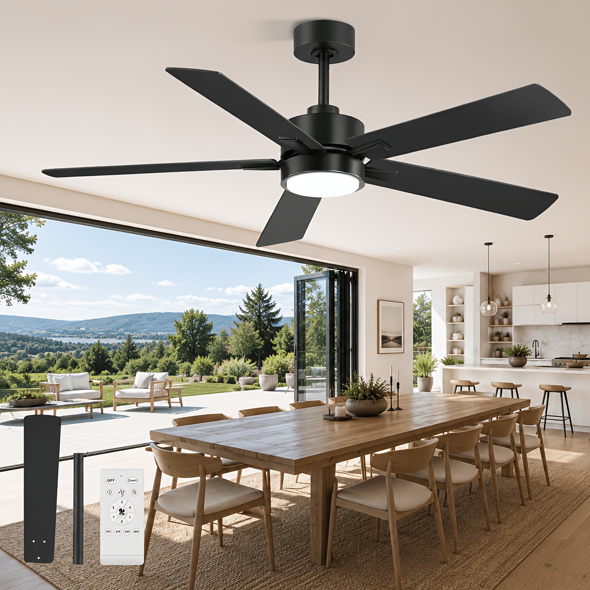 TEMU Breezary 52" Modern Ceiling Fan With Light & Remote Control - Reversible Motor, , Color-changing Led (3000k/4000k/6500k), 5- Downrod Light