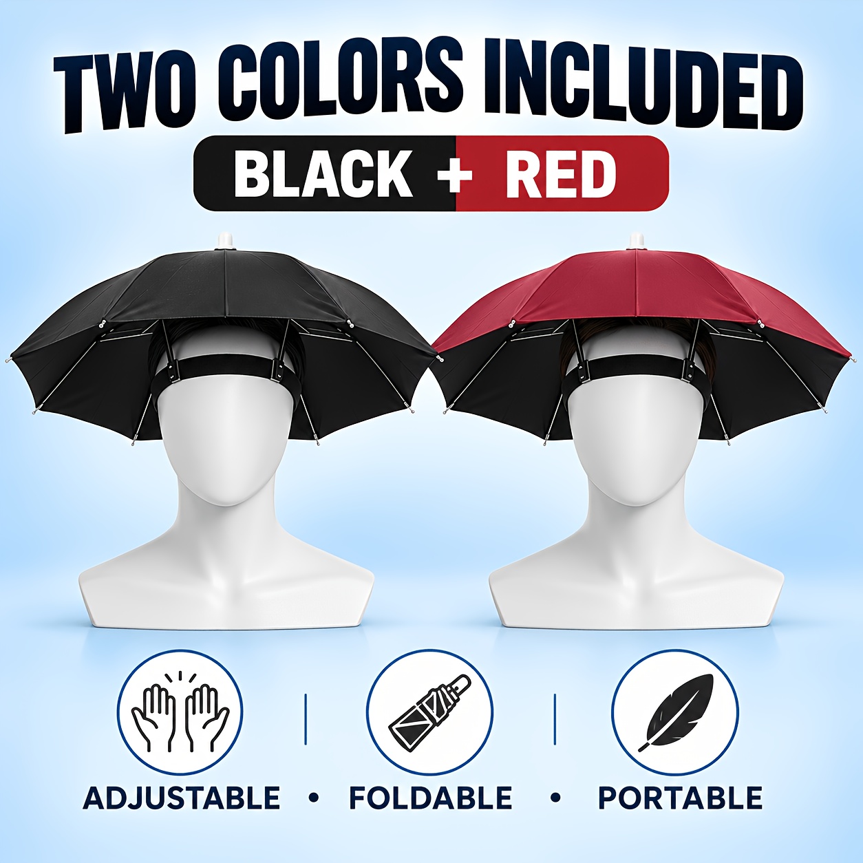 TEMU 2pcs Umbrella Hat Set, Red And Black 27.17-inch Foldable 8-rib Portable Head Umbrellas With Adjustable Headband, Lightweight Rain And For