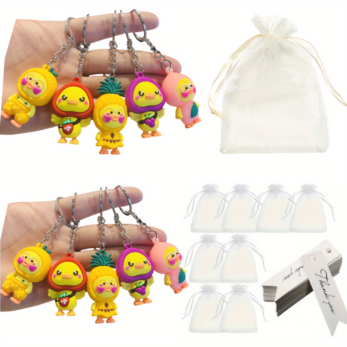 

30pcs, Cartoon Cute Fruit Duck Keychain - Soft Glue Doll School Bag Pendant Small Gift, 10pcs Pendant, 10pcs Thank You Card, 10pcs Gauze Bag