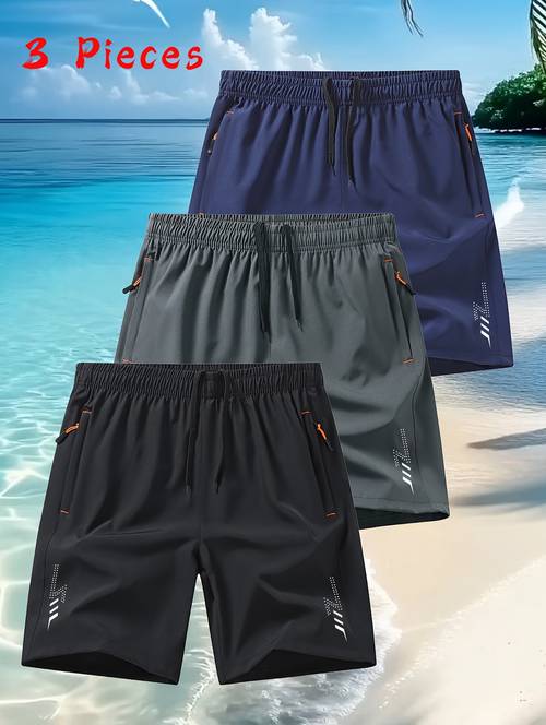 3 piezas de pantalones cortos deportivos de rápido para hombre con cintura elástica y bolsillos con cremallera - transpirable de rápido para gimnasio, correr, natación, exteriores - cintura con cordón ajustable, pantalones cortos deportivos casuales de color liso para