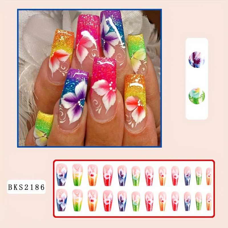 TEMU 24pcs Of Colorful Flower Medium Ballet-shaped Wearable Nail Tips For Spring And Summer, Complete With Jelly Glue And A File.