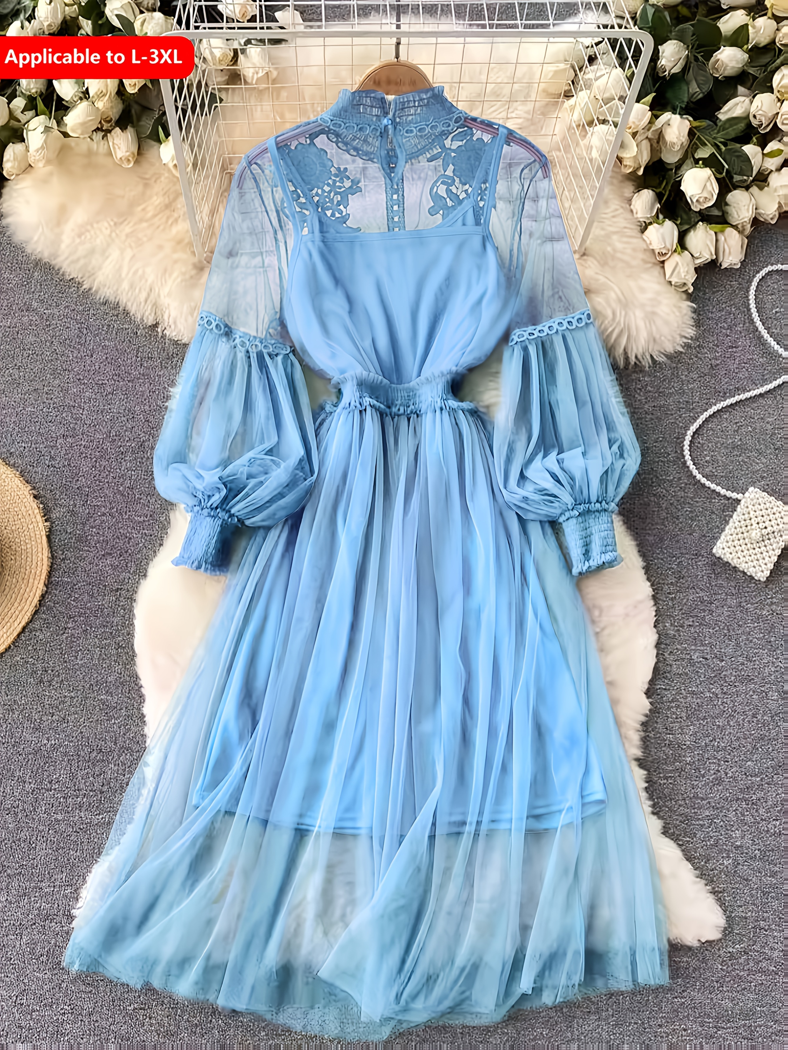 knee length dresses for ladies Tabitha Navy Blue Mesh Lantern Sleeve Mini Dress (Archive Sale) main image 0