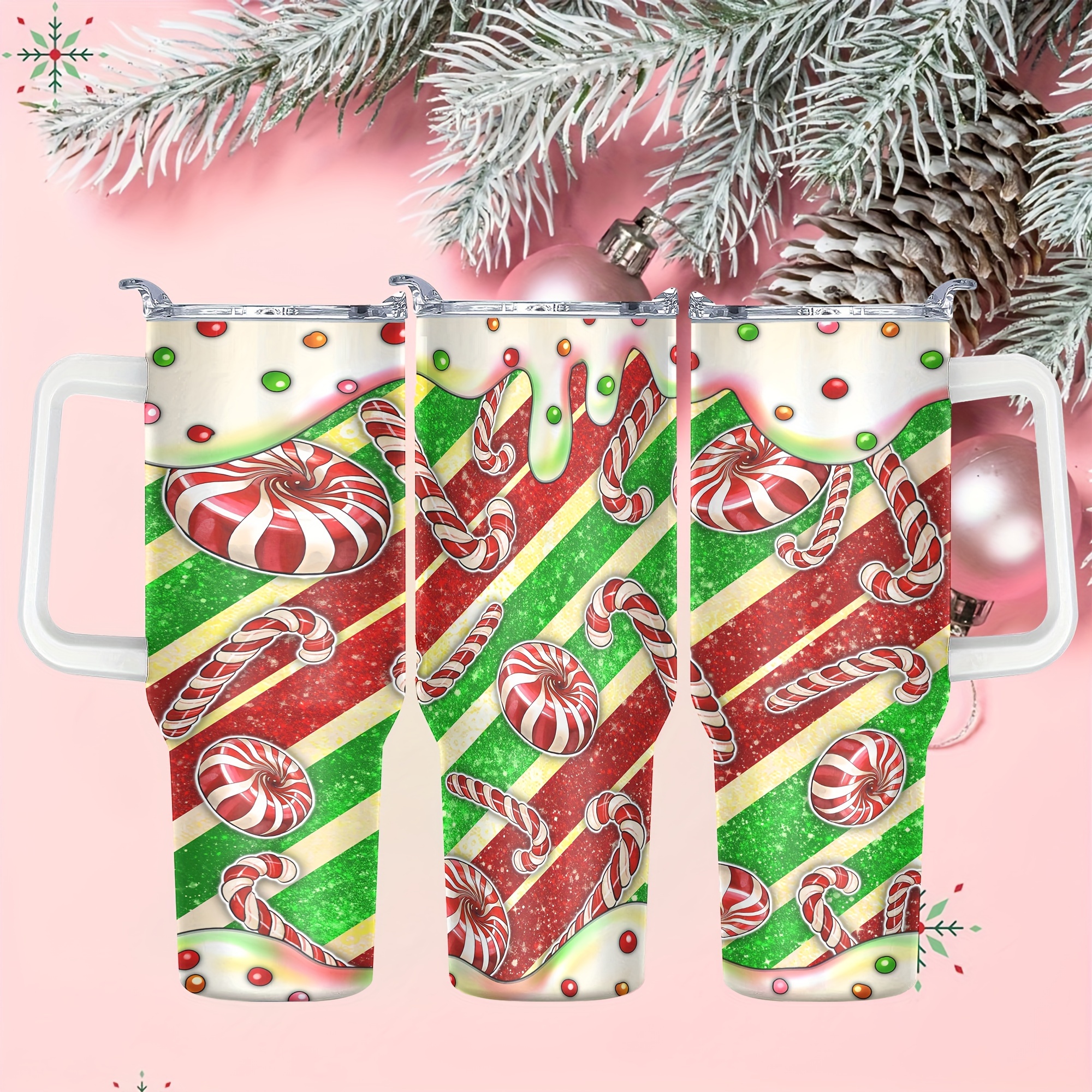 

40oz Stainless Steel Tumbler With Lid - Christmas Candy Print, Double Wall Vacuum Insulated Travel Mug, Break Resistant, Hand Wash, Reusable For Outdoor Drinks, Festive Holiday Gift