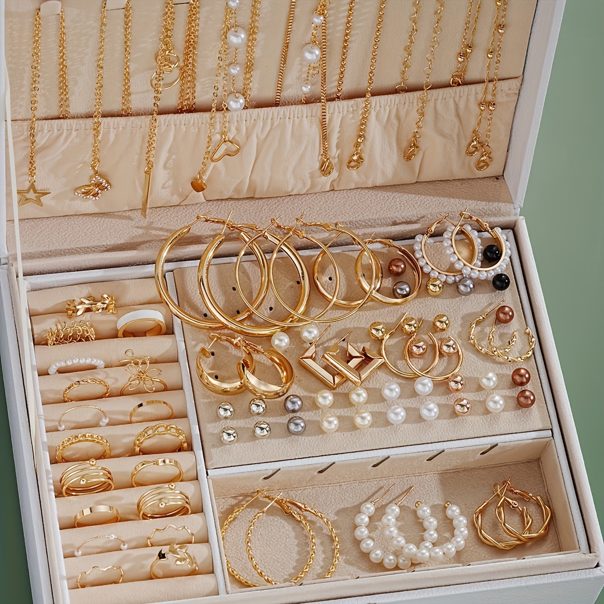 

91pcs Elegant Jewelry Set For Women - Golden- Geometric & Pearl Twisted Hoop Earrings, Rings, Necklaces - Ideal For , Parties, Dates - Chic Zinc Alloy & Stainless Steel (no Gift Box), Vintage Jewelry