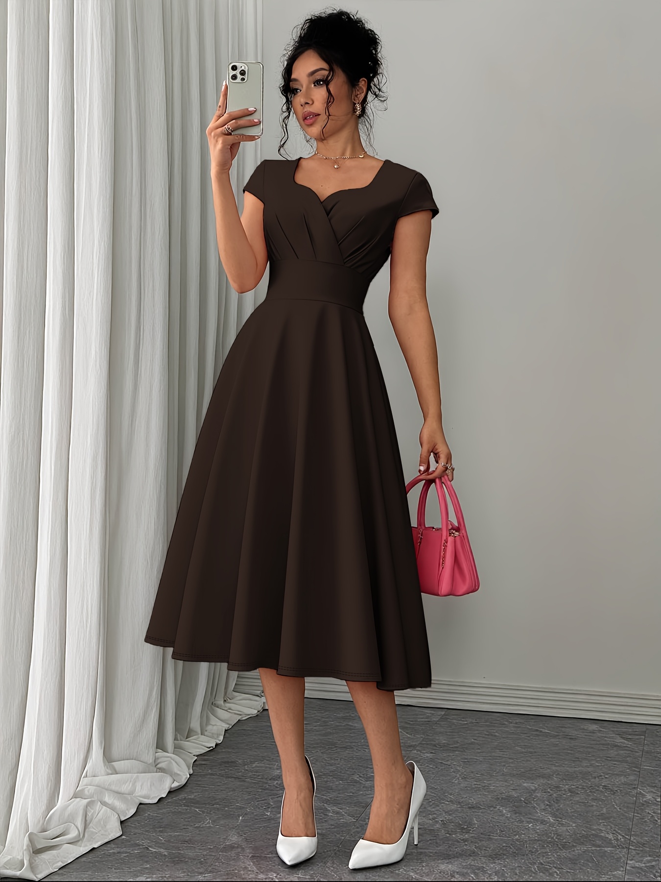 slim fit dress slacks Women's Vintage Dress Green Plaid A-Line Lapel Short Sleeves 1950s Swing Dress with Belt,XL main image 1
