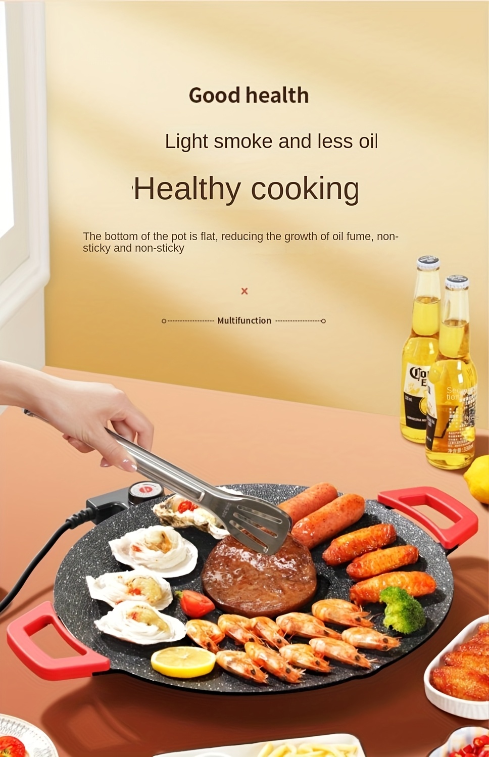 Round Multi-Purpose BBQ Pan in Korean Style, Perfect for Home Grilling. This Electric Grill Features a Non-Stick Surface And Is Ideal for Outdoor Barbecues. It Comes with a Red Handle And Adjustable Settings, Making It Great for Family Gatherings.