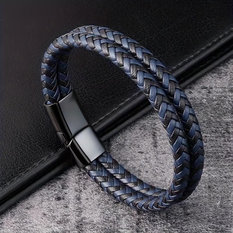 

Mens Wrap Bracelet In Italian Leather - Adjustable Size - Genuine Black And Blue Chevron Woven Pattern Leather Wristband - Unique Gift For Men - Gifts For Him