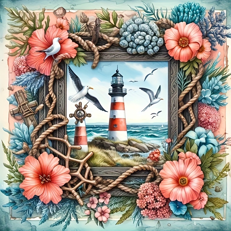 

Coastal Lighthouse & Floral Wreath Diamond Painting Kit - Round Acrylic Drills, Nautical Still Life Mosaic Art, Wall Decor Craft, Popular Gift Idea