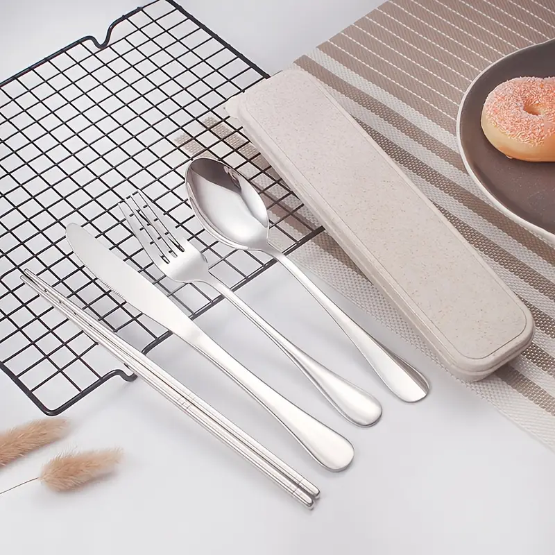 5pcs portable stainless steel cutlery set with storage box, reusible silverware camping utensils knife dishwasher safe for work school picnic travel lunchbox kit Product details 5