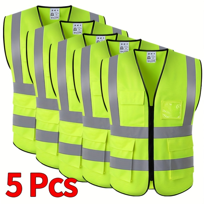 

5pcs Reflective Vest Vest For High With Reflective Strip, Viscose Material, Safety Zipper Closure And Multiple Pockets - Unisex Work Protective Gear