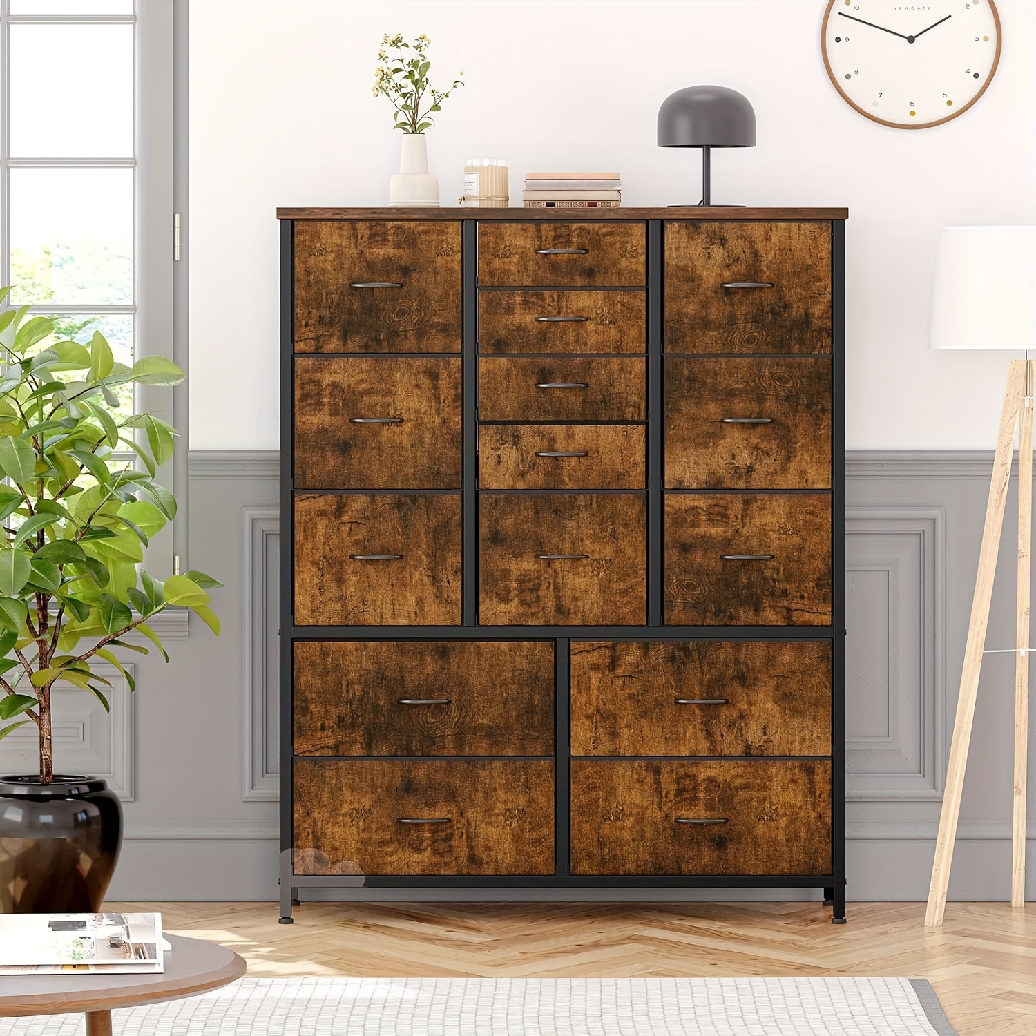 Fabric Dressers Chests of Drawers with15 Drawers Tall Dressers for Bedroom Chest of Drawers Tall Dresser for Bedroom deep Wood Top