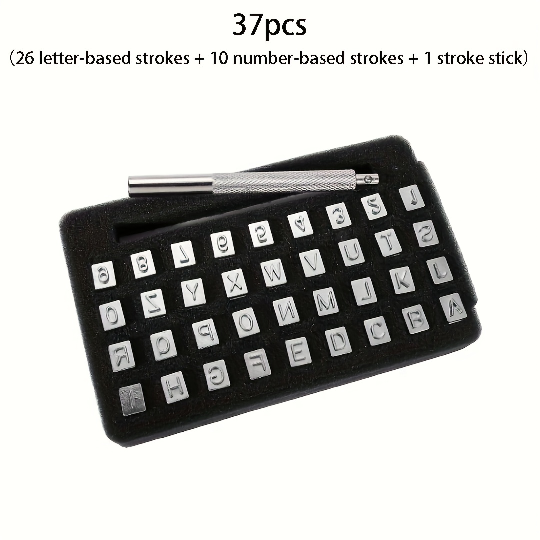TEMU Ensemble de 37 pièces d'outils de en métal pour cuir de 6,5 mm, comprenant 26 tampons de lettres, 10 tampons de chiffres et 1 barre de , idéal