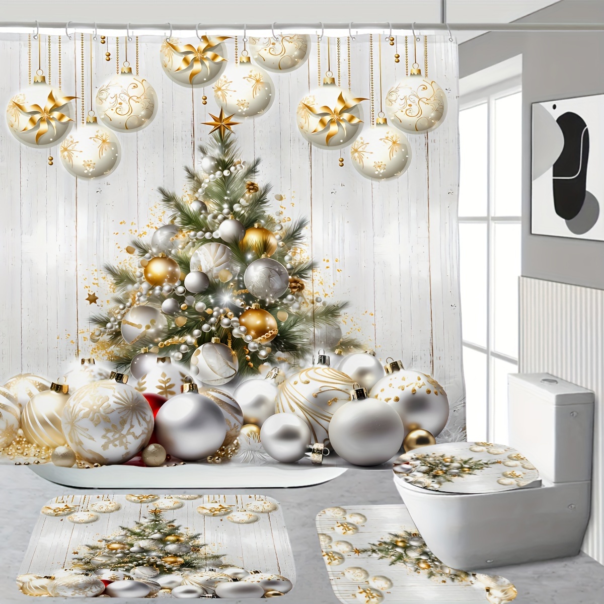 

Festive Christmas Tree And Snowman Bathroom Set: Includes 1/3/4 Piece Shower Curtain, Toilet Seat Cover, And Bath Mat With 12 Plastic Hooks - 72" X 72" (180cm X 180cm)