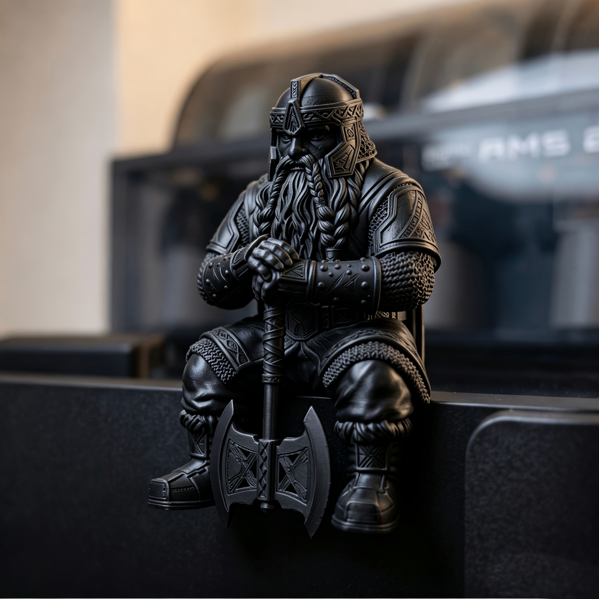 TEMU Nordic Fantasy Dwarf-themed Sitting Statue, Minimalist Matte , Carved Medieval Warrior Figure With Classic Axe And Exquisite Helmet. Versatile