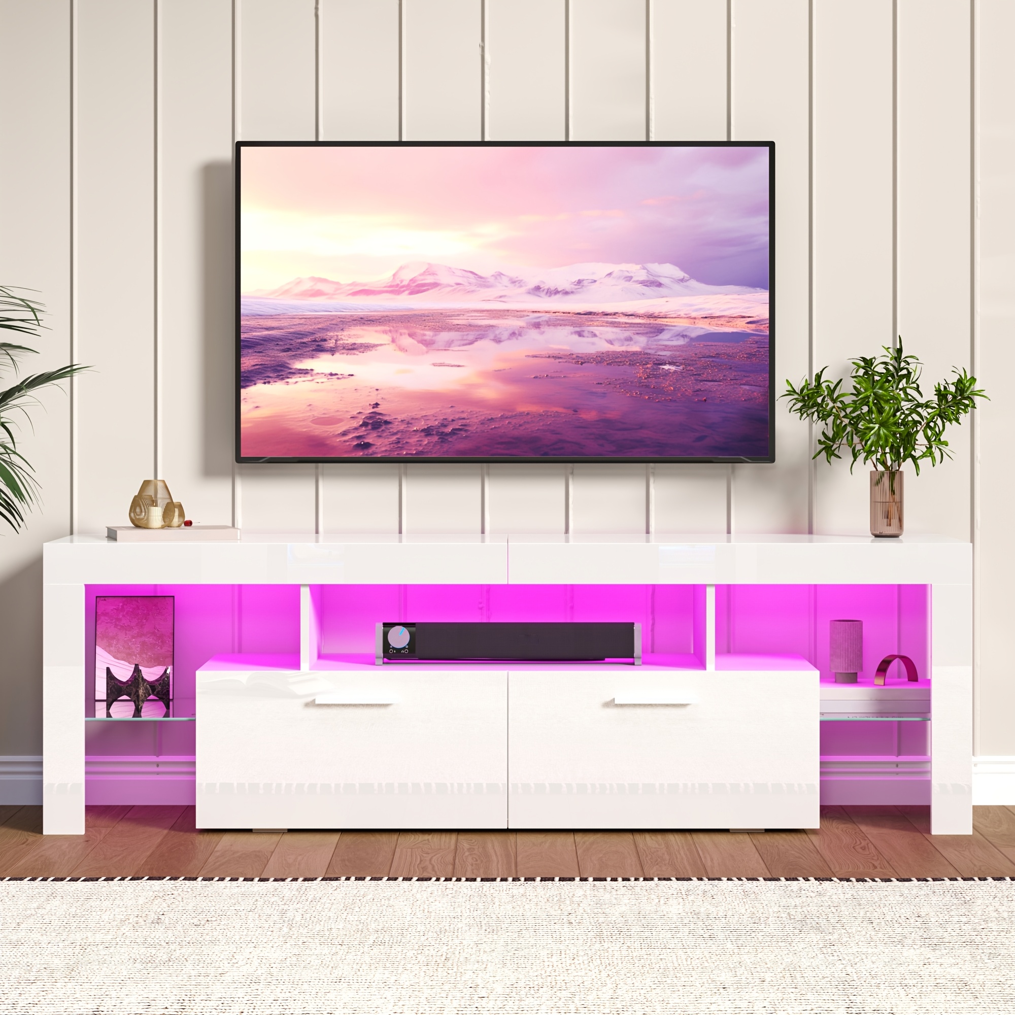 High Gloss Tv Cabinet, Led Lit Lowboard, Tv Stand For Tvs Up Inches, With 2 Large Cabinets, 160 X 35 X
