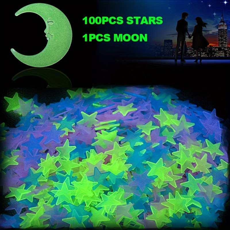 

100pcs 3d Glow In The Dark Stars And 1pcs 13cm Moon For Ceiling & Wall Decor, Art Geometric Plastic Shapes With Glitter, Reusable Themed, Self-adhesive Wall Decals For Home Art