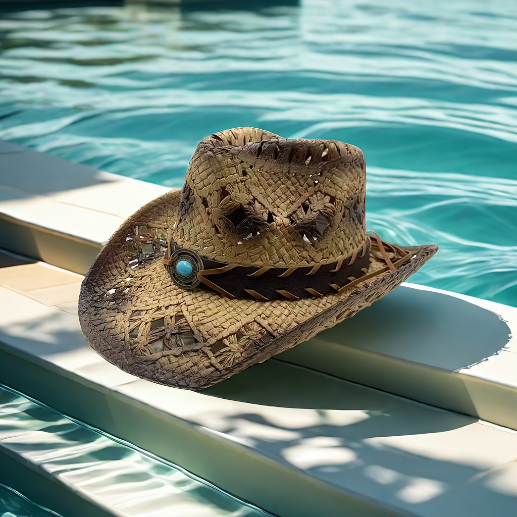 

Vintage Style Western Cowboy Cowgirl Hat, Boho Style Turquoise Belt Decor Panama Straw Hat, For Beach Party & Photo Prop Halloween Cosplay