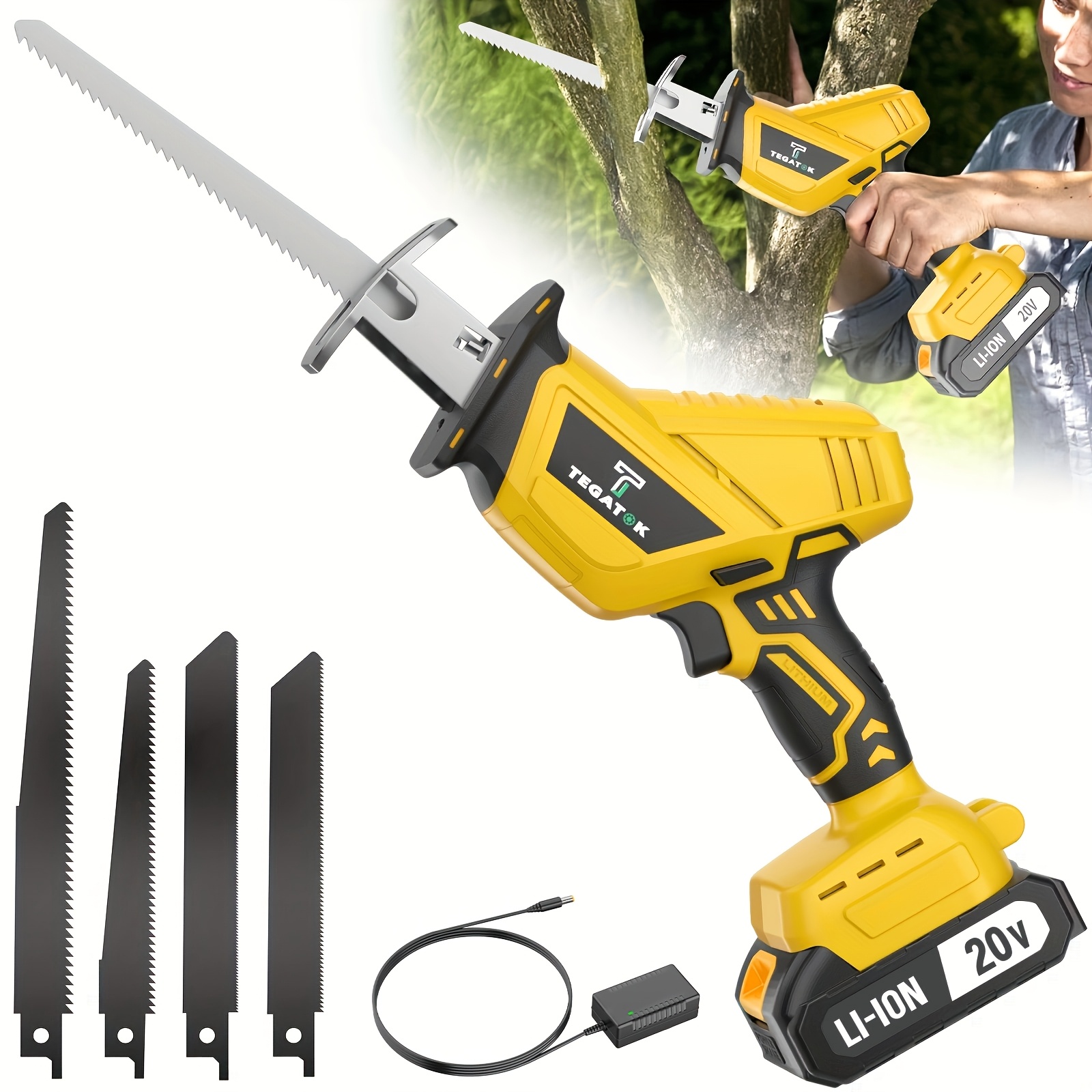 TEMU Newly Upgraded Electric Reciprocating Saw, Wireless With Led Light And Safety Lock, Suitable For Cutting, With 1 Battery, Replaceable Saw Blades