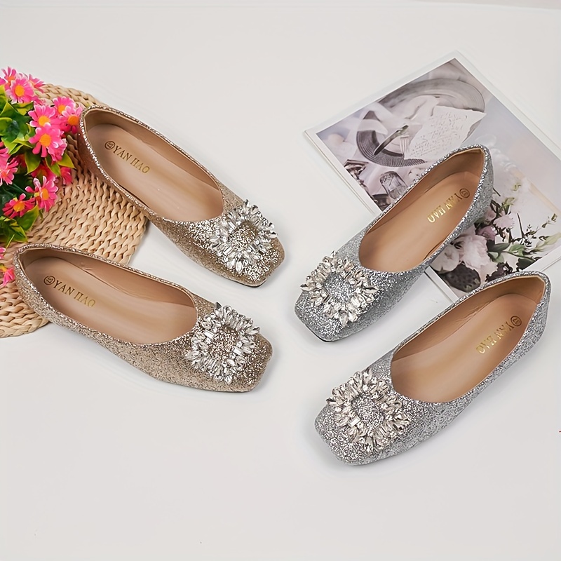 

Elegant Sequin Slip-on Flats For Women - Lightweight, , Square Toe Design With Glittery Embellishments, Cover Upper & , Parties & Casual Wear