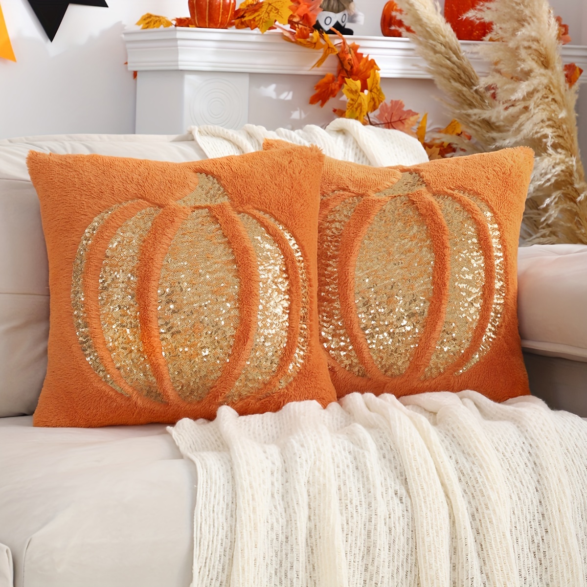 Image of 2pcs Halloween Decorative Pillowcase, Pumpkin Autumn Winter Plush Sequin Embroidery, 18x18 Inches