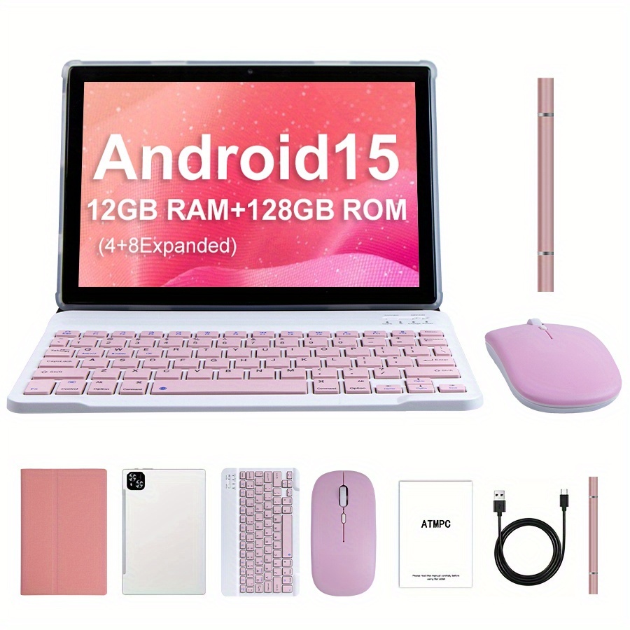 10.1-inch Android 15 OS Tablet with Keyboard, Mouse, Drop Protection Case, Stylus (Available in Two Colors) 128GB ROM, 12GB 4GB+8GB Expandable RAM, Dual Cameras, Octa-Core Processor, 1280 * 800 IPS HD Display Screen GMS Tab, 5G Wi-Fi 6