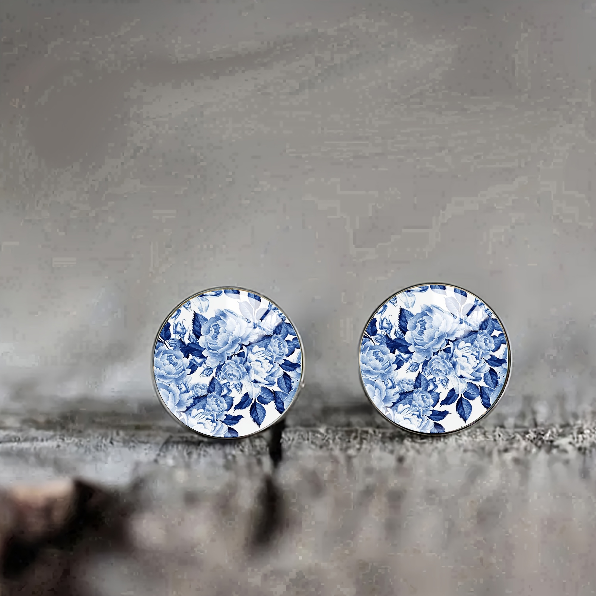 Image of 1pair And Porcelain Chrysanthemum Stainless Steel Hypoallergenic Ear Studs, Elegant Court Style Men's And Women's Banquet Party Wear Earrings Birthday Gifts