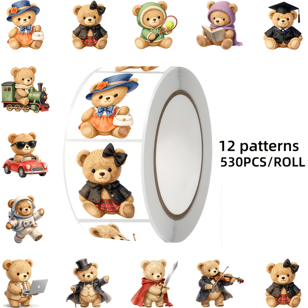 TEMU 530pcs Bear-themed Stickers, 12 Pattern Designs, Suitable For Packaging Decoration, Laptops, Tablets, Notebooks, Envelopes, Gift Boxes, Luggage,