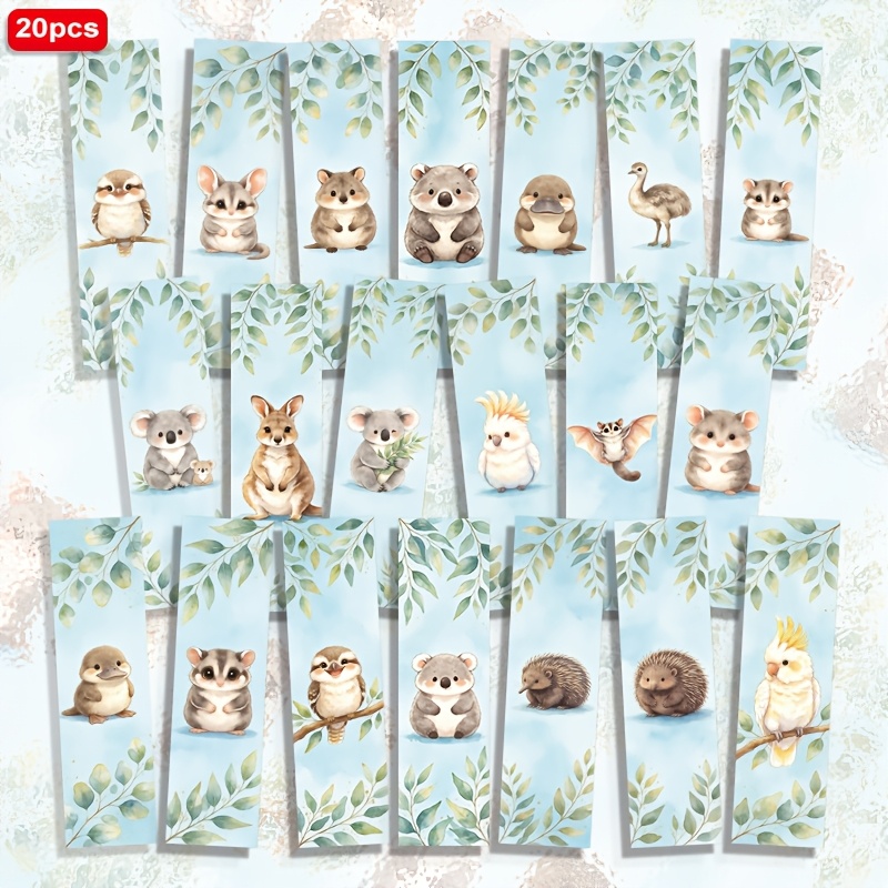 TEMU 20pcs Watercolor Cute Cartoon Australian Animals, Parrots, , , Eucalyptus Leaf Pattern 1.5in*5.9in 2d Printed Paper Bookmarks, Daily Reading