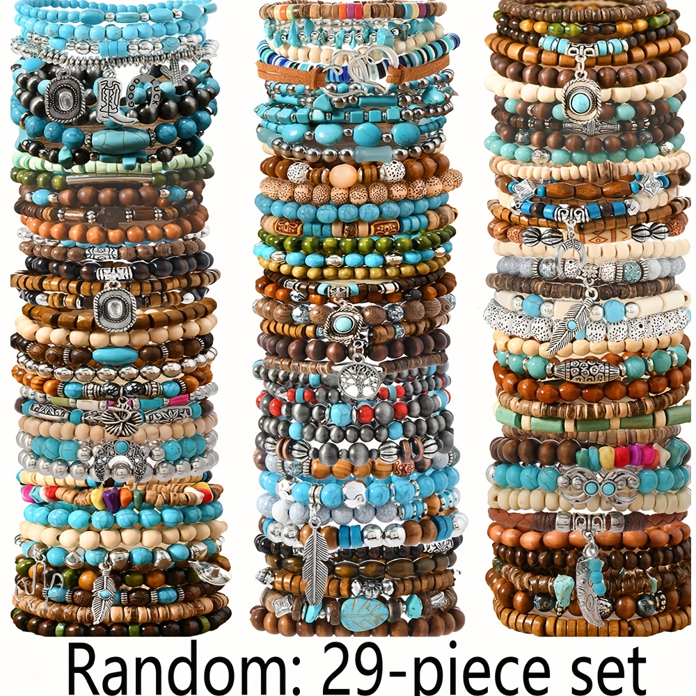 TEMU 29pcs Set Of Stylish Retro Wooden Beaded Bracelets In Various Styles
