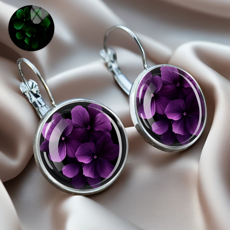 TEMU Black Background Purple Pansy Earrings, Fluorescent And Luminous Styles, Alloy Material With Glass Inlay, A Fashionable Gift For Women, Daily