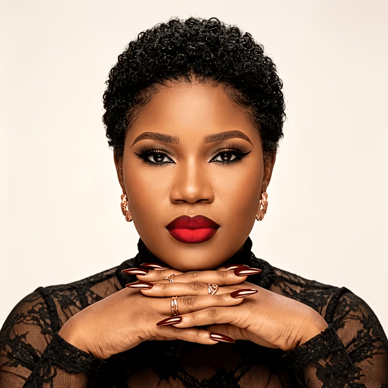 TEMU Women's Afro Human Hair Wig Glueless Short Cut With Elastic Base - Natural Looking Suitable For Cosplay, Parties, Casual Wear, Suitable For &