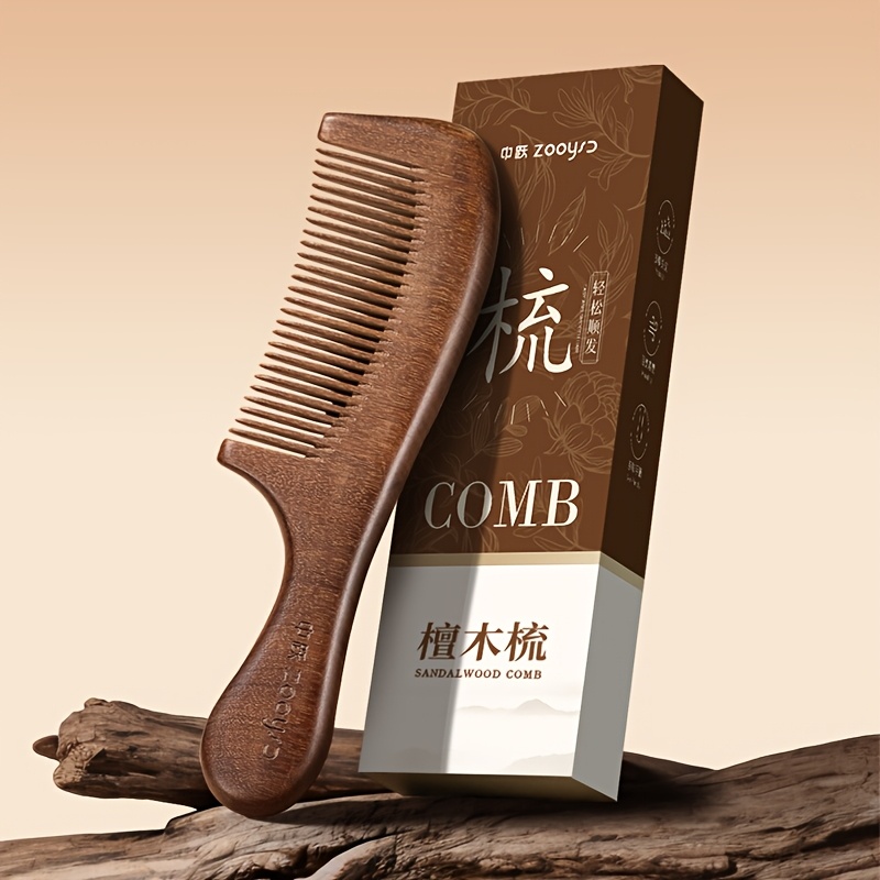 TEMU Zhongyue Natural Sandalwood Fine-tooth Round-handle Hair Comb/crescent Hair Comb - Features A Fragrance, Ideal For Long And Curly Hair. Massages