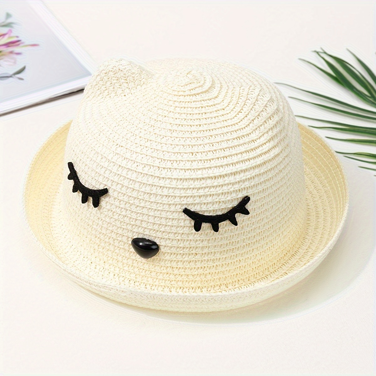 1pc POLL MOON Cat-Shaped Straw Hat for 3D Ears Eyelash Decor, Wide  Brim Sun Protection, Windproof Cord, Beige Summer Beach Hat for Boys  Girls
